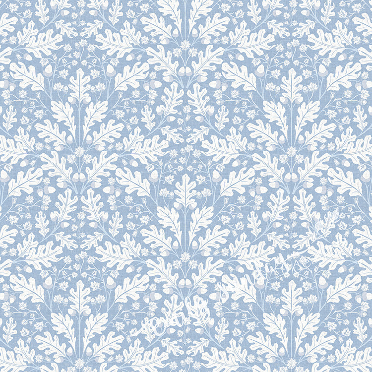 Small Scale Heritage Oak & Acorn Ogee Blue peel and stick wallpaper pattern swatch